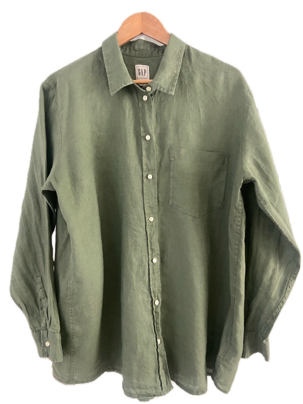 GAP 100% Linen Oversized Button Up Shirt XL Olive Green Coastal Relaxed Fit